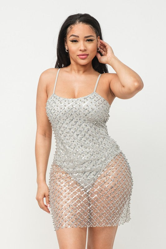 Mesh Pearl Sequin Inside Lining Bodysuit Dress