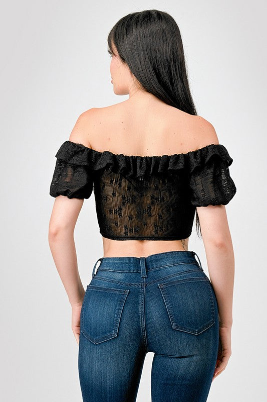 FLORAL STRETCH LACE OFF SHOULDER RUFFLED CROP TOP