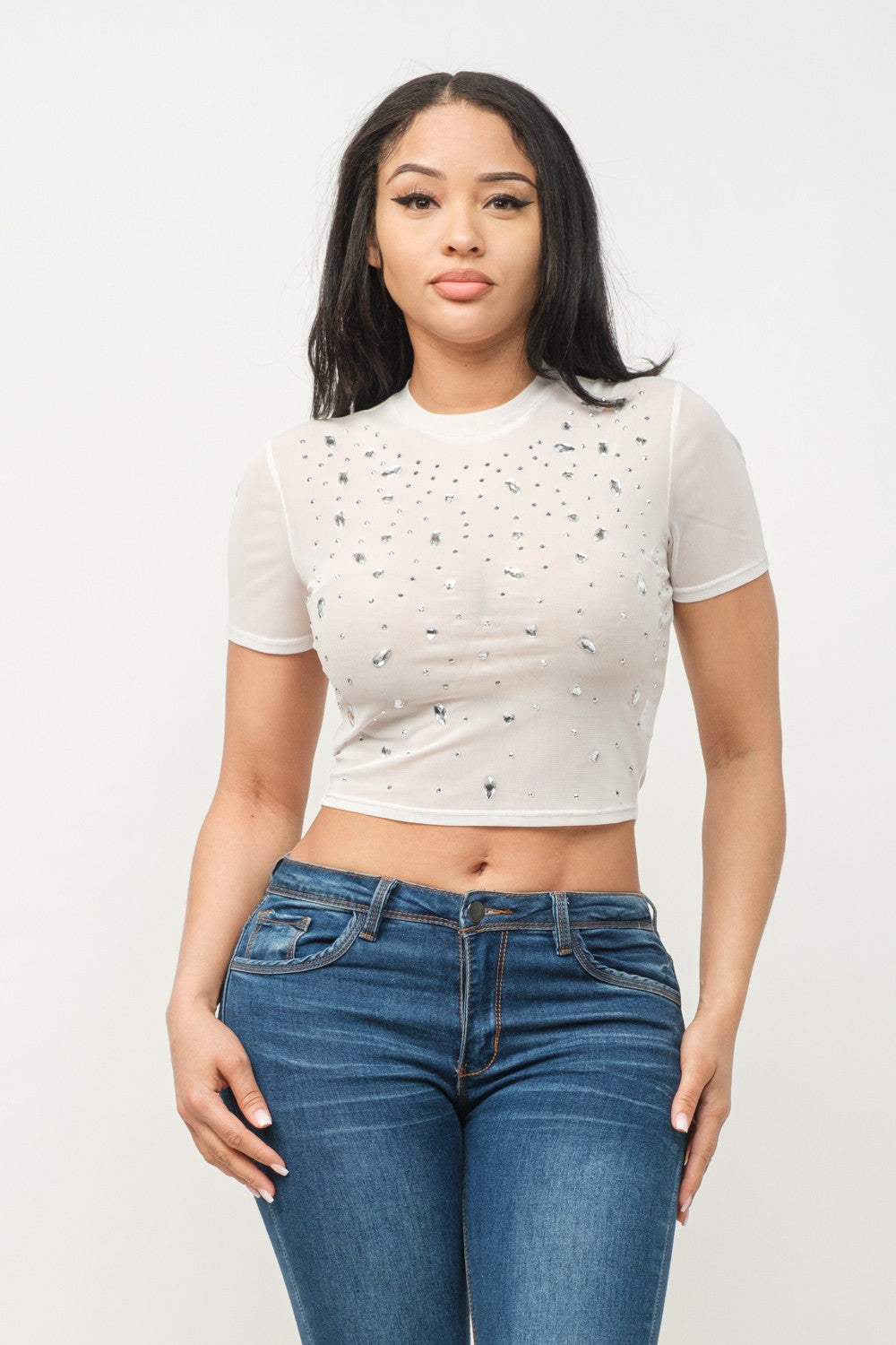 Mesh Round Neck Solid Front Jewels Studded Top