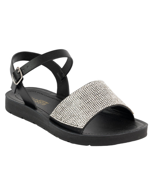 HEATED STONES ANKLE STRAP FLAT SANDAL