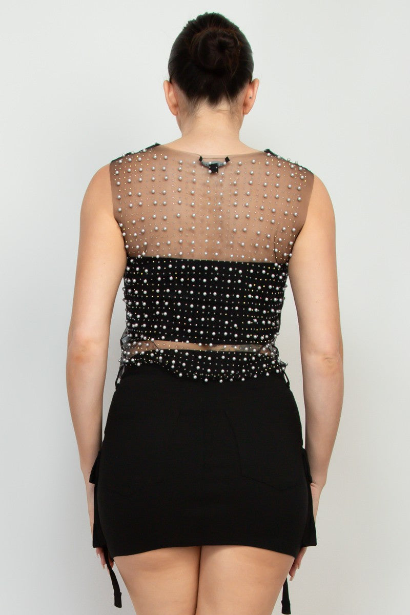 Pearl & Rhinestone-Studded Mesh Top