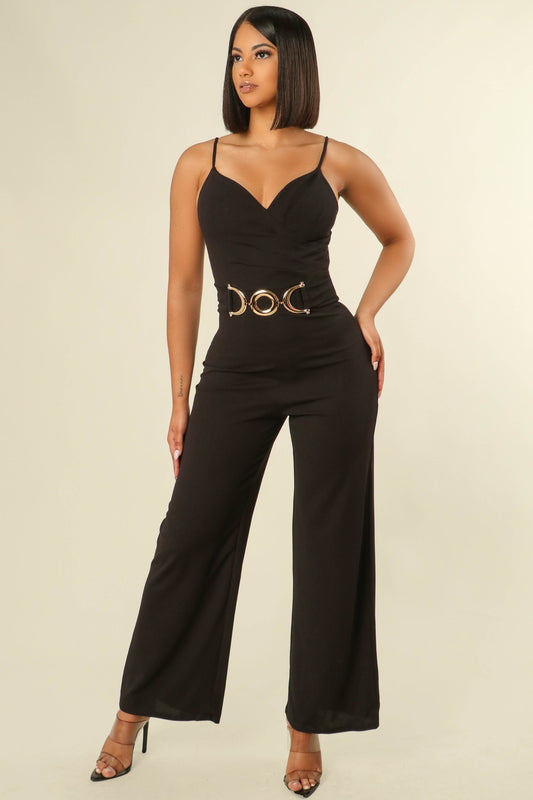 SPAGHETTI STRAP BELTED WIDE LEG JUMPSUIT