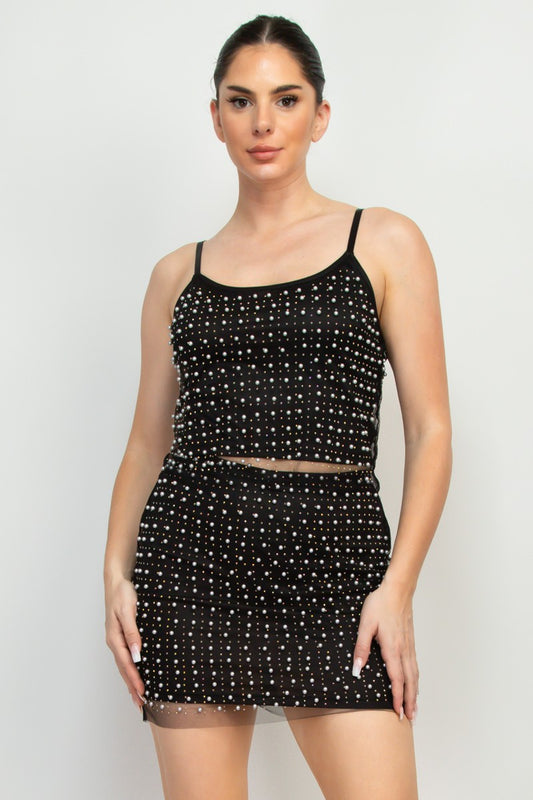 Pearl Rhinetone-Studded Mesh Crop Top